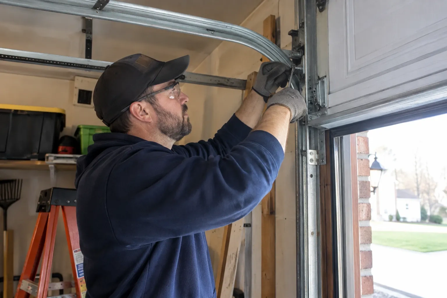 Illustrative garage doors scene; not an actual job