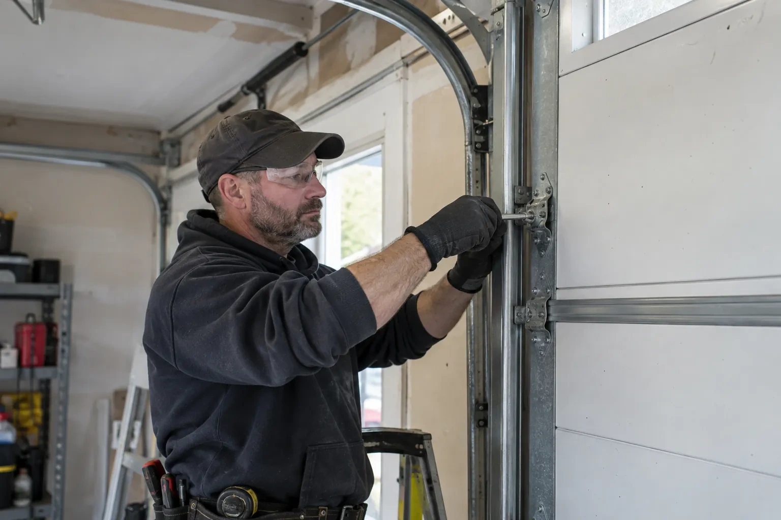 Illustrative garage doors scene; not an actual job