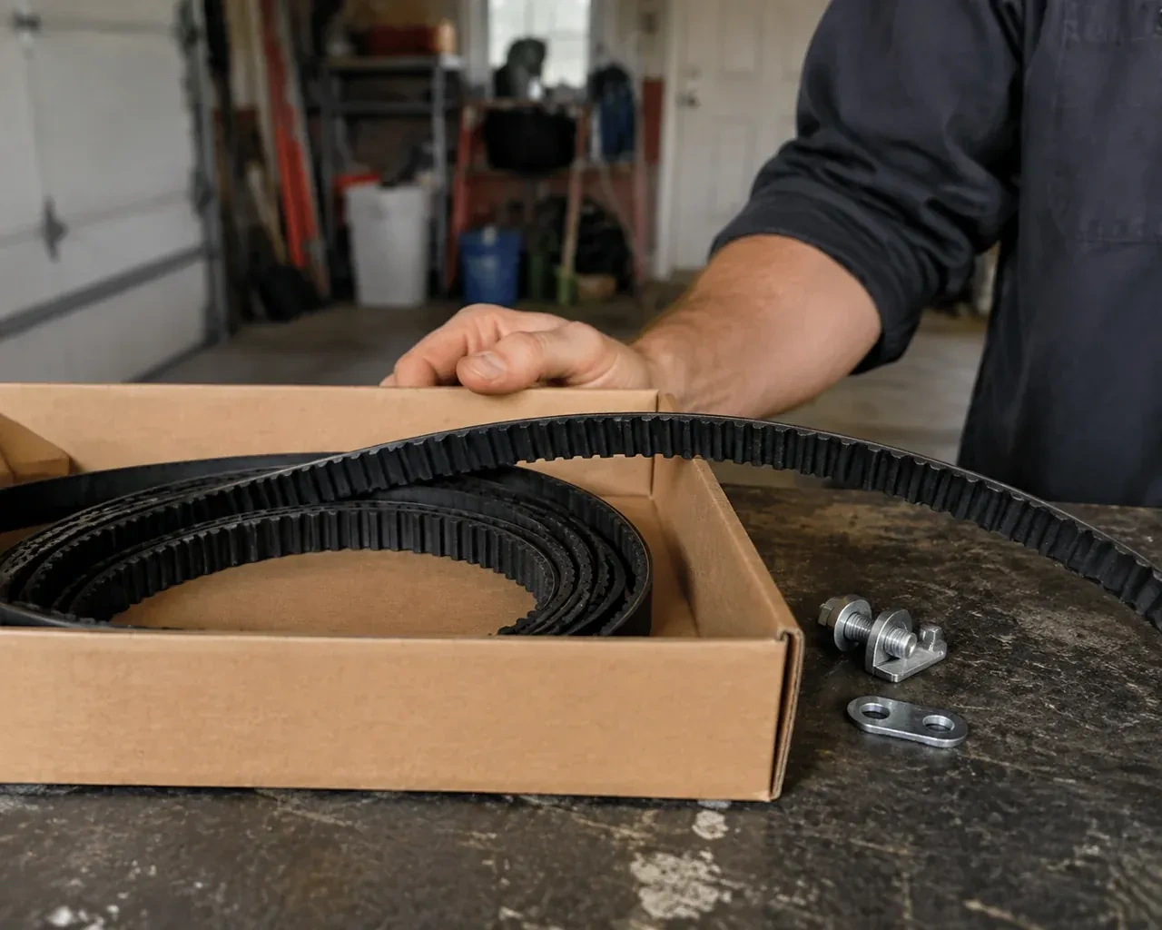 A toothed black drive belt lies in an open cardboard box beside small metal fittings on a garage workbench. — Belt-Drive Opener Repair, Whitchurch-Stouffville