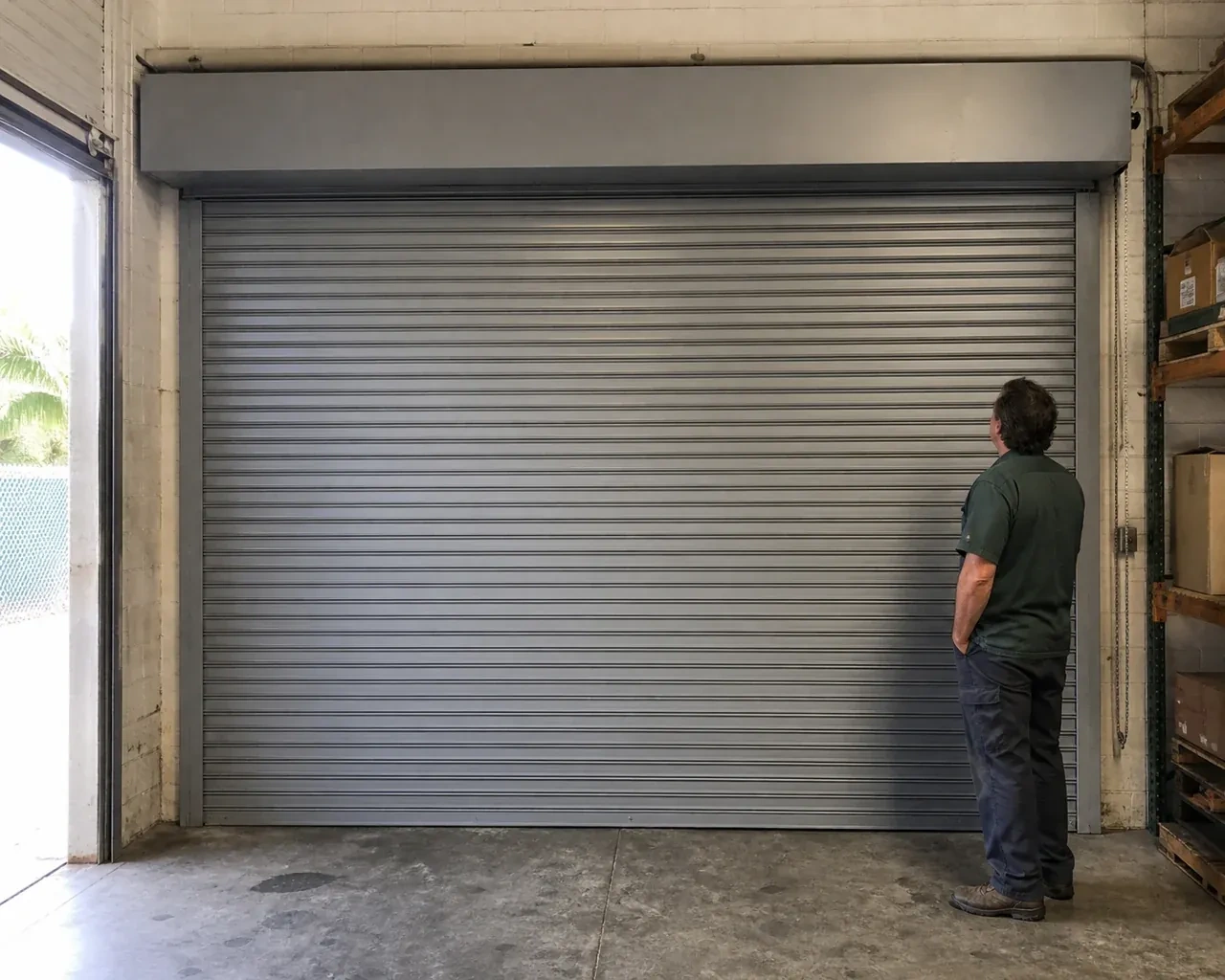 A person examines a closed metal rolling door with narrow horizontal slats, side guides and an overhead hood in a warehouse. — Commercial Rolling Door Repair, Whitchurch-Stouffville