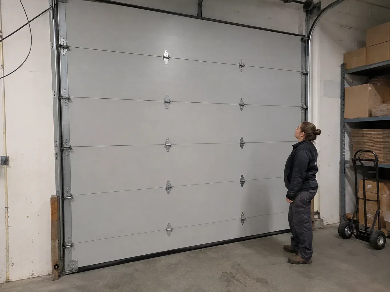 A person looks at a tall closed sectional door with broad panels, hinges and side tracks in a warehouse. — Commercial Sectional Door Repair, Whitchurch-Stouffville