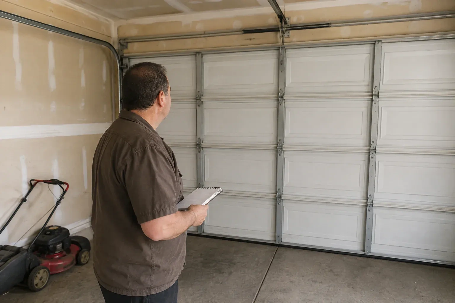 Technician holding a notebook while looking at a closed sectional door. — Garage Door Balance Adjustment, Whitchurch-Stouffville