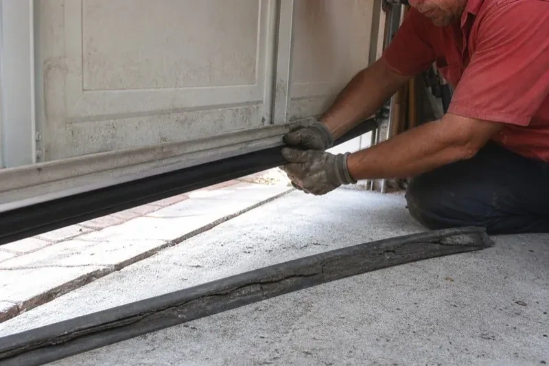 Person fitting a black strip along the bottom edge of a partly raised garage door, with a cracked strip lying on the floor. — Garage Door Bottom Seal Replacement, Whitchurch-Stouffville