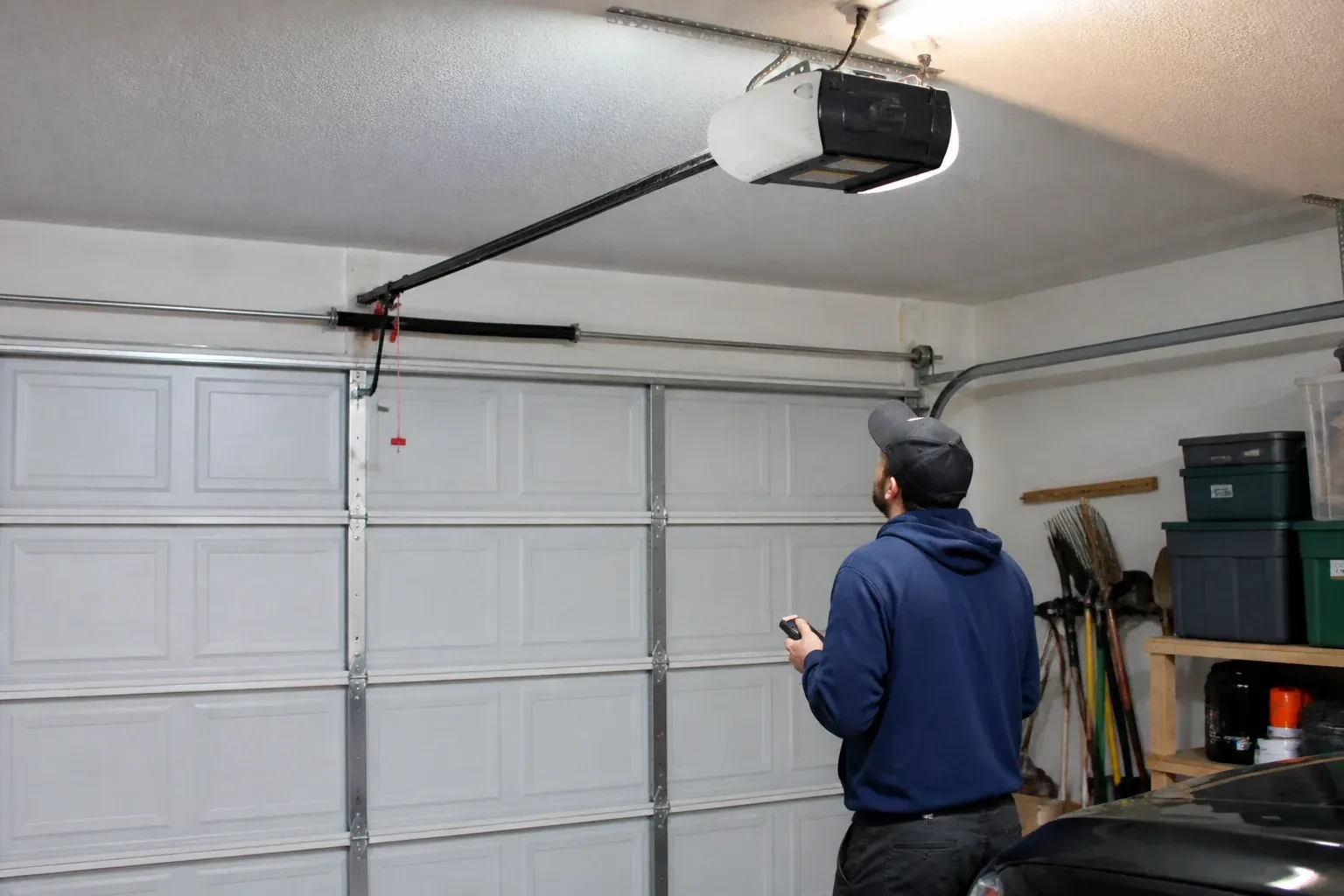 A person holding a remote looks toward an overhead garage-door opener and rail. — Garage Door Opener Diagnosis and Repair, Whitchurch-Stouffville