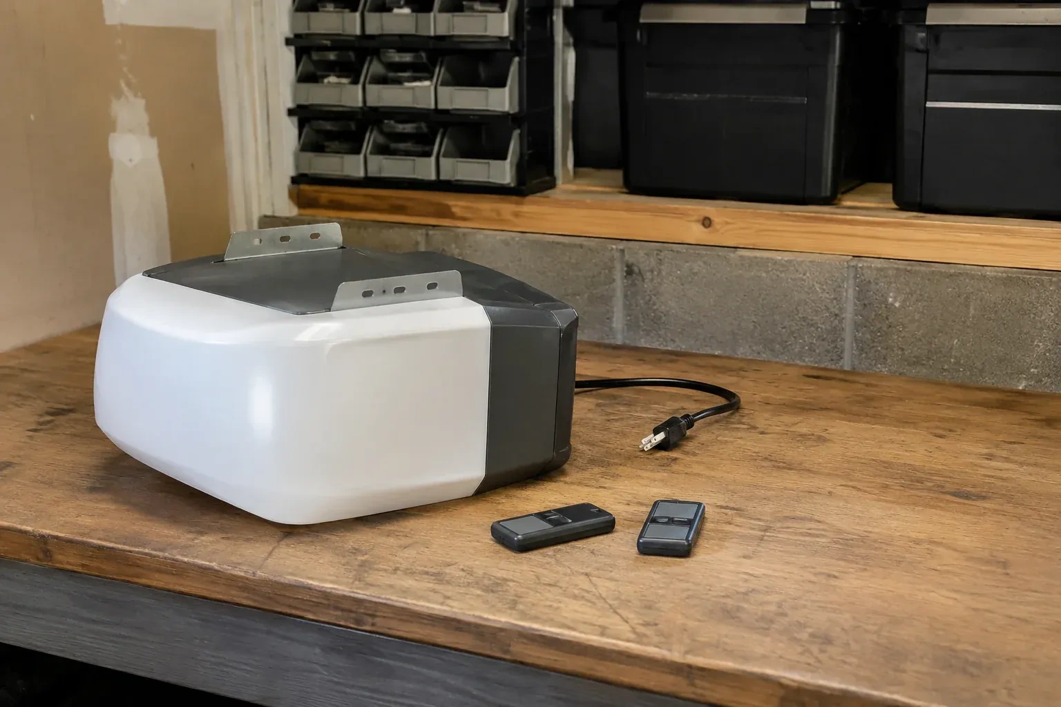 Detached opener housing and two remotes on a garage bench. — Garage Door Opener Replacement, Whitchurch-Stouffville