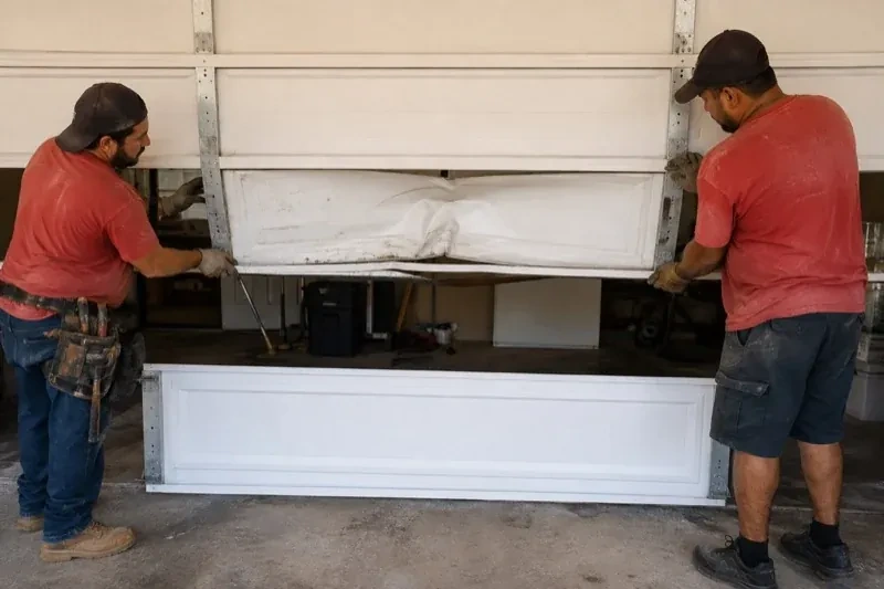 Two people holding a dented lower garage-door section above a separate white panel resting on the ground. — Garage Door Panel Replacement, Whitchurch-Stouffville