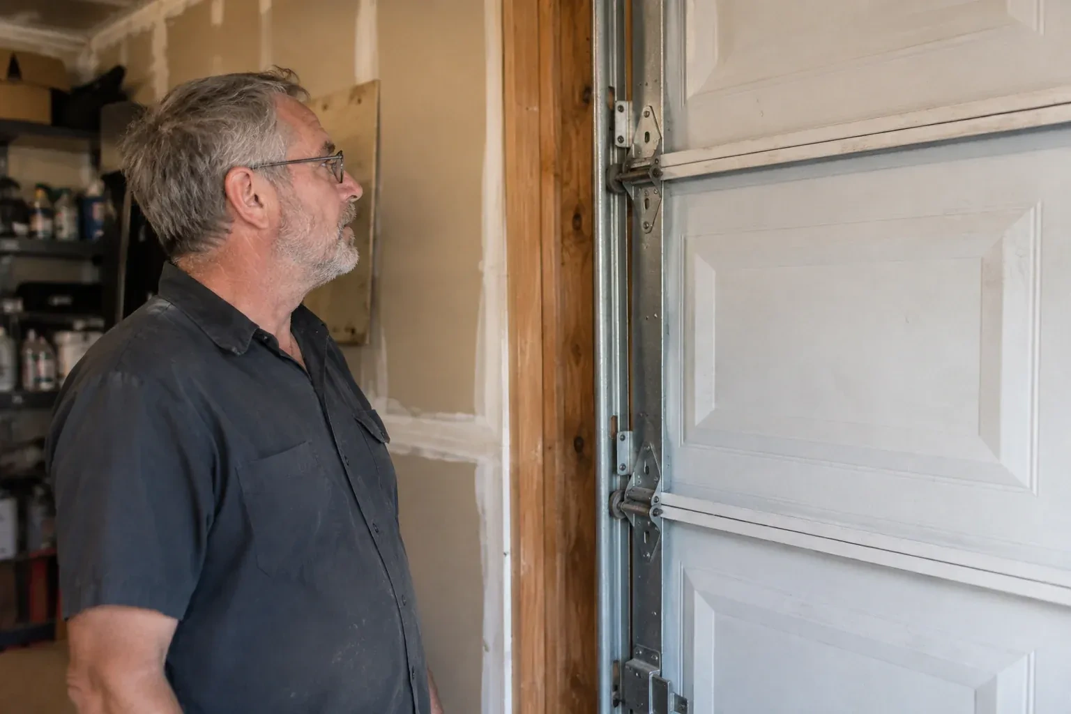 Technician looking at vertical garage door track and edge hinges. — Garage Door Track Repair or Replacement, Whitchurch-Stouffville