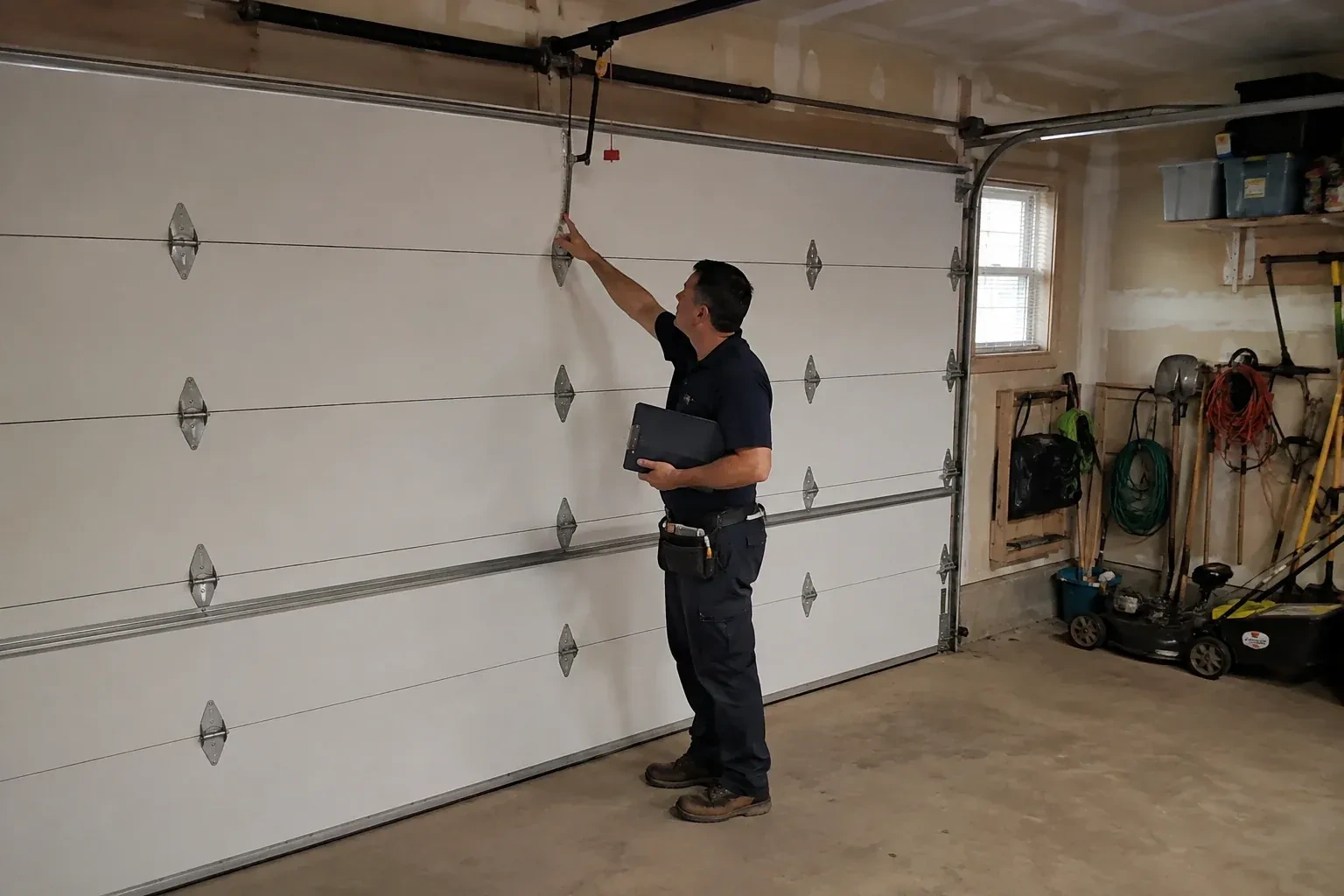 A person holding a clipboard examines the interior hardware of a closed garage door. — Garage Door Tune-Up, Whitchurch-Stouffville