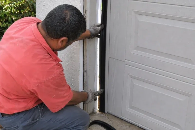 Gloved person holding a black strip along the side of a sectional garage-door opening — Garage Door Perimeter Weatherstrip, Whitchurch-Stouffville
