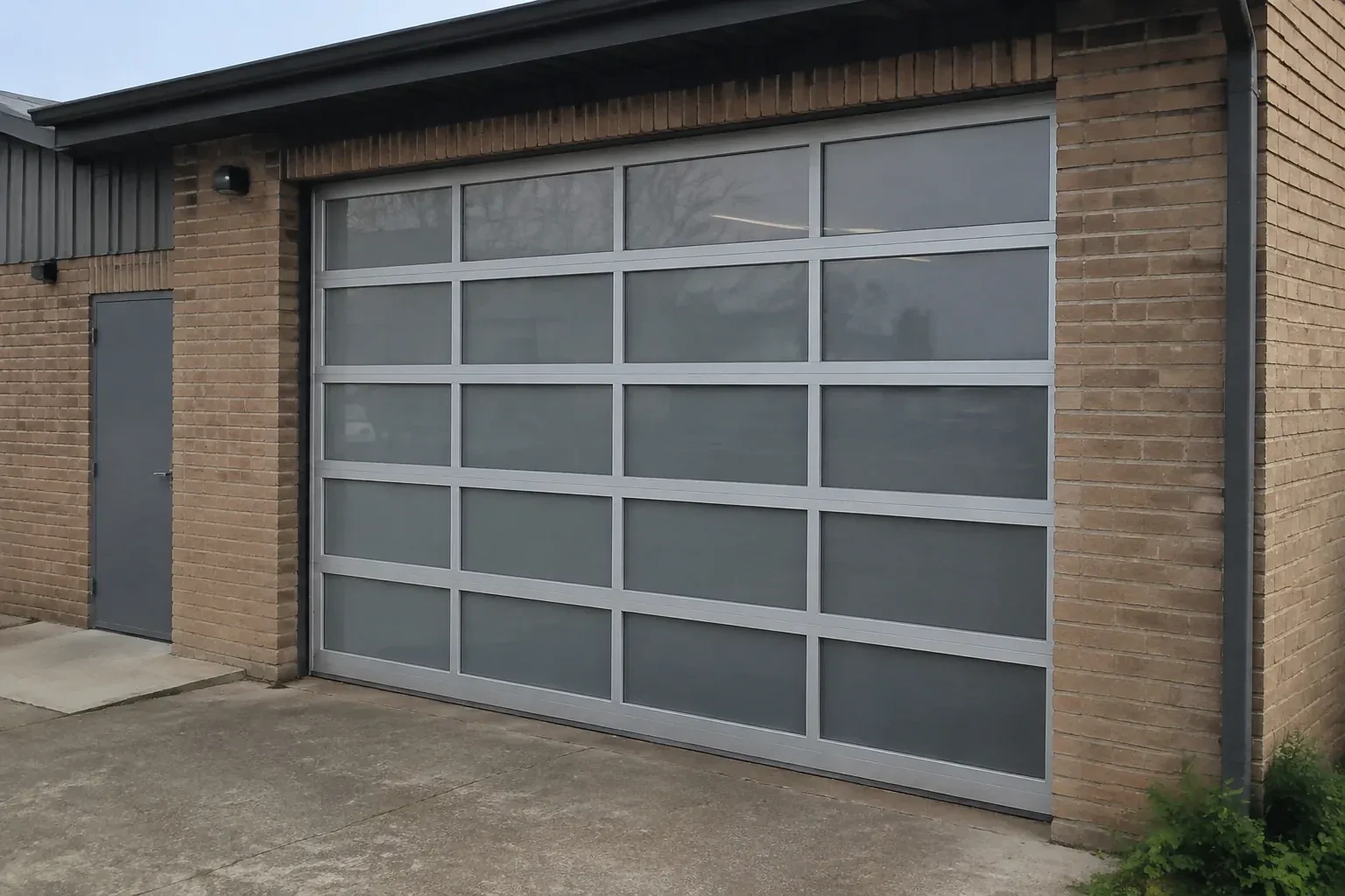 Closed glazed sectional door in a grey metal frame at a brick workshop. — Full-View Glass Garage Door Installation, Whitchurch-Stouffville