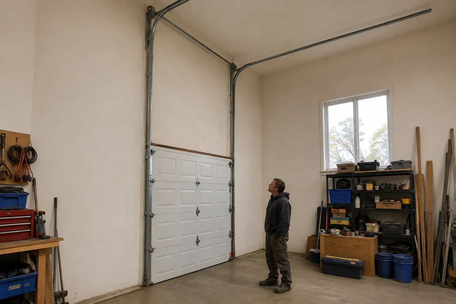 Vertical tracks extend above a closed garage door before curving near a high ceiling, while a person looks upward. — High-Lift Garage Door Conversion, Whitchurch-Stouffville