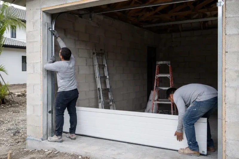 Two people positioning a white garage-door panel and side track in an unfinished masonry garage. — New-Construction Garage Door Installation, Whitchurch-Stouffville