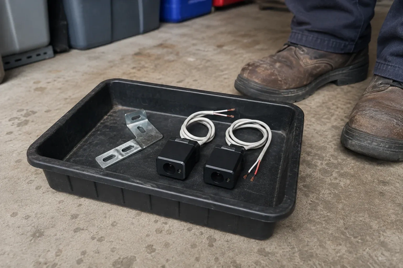 Two detached black sensors with recessed lenses and coiled wires lie in a tray beside a mounting bracket. — Photo-Eye Sensor Alignment or Replacement, Whitchurch-Stouffville