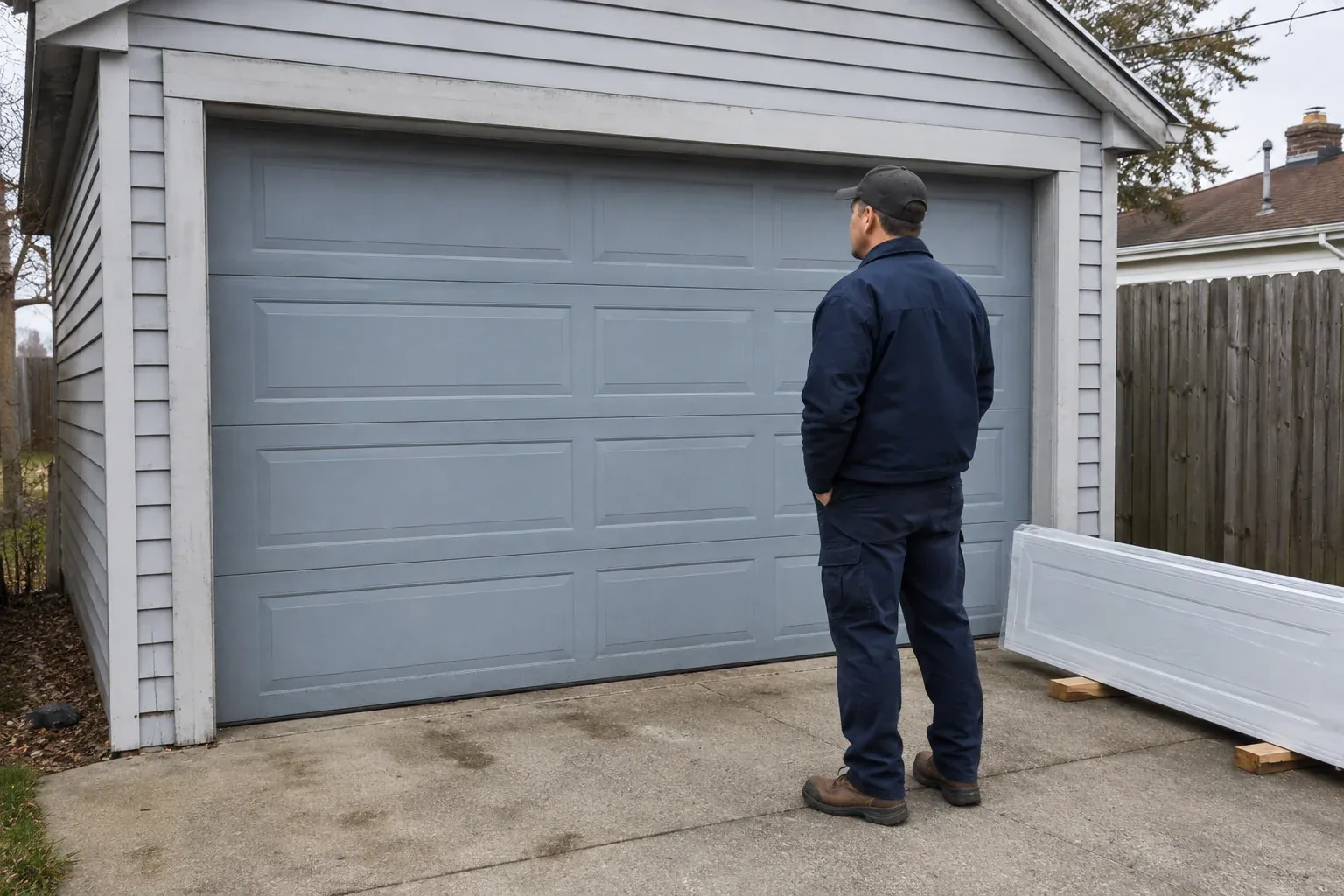 A person examines a blue-grey sectional garage door with a packaged door panel resting beside the driveway. — Sectional Garage Door Replacement, Whitchurch-Stouffville